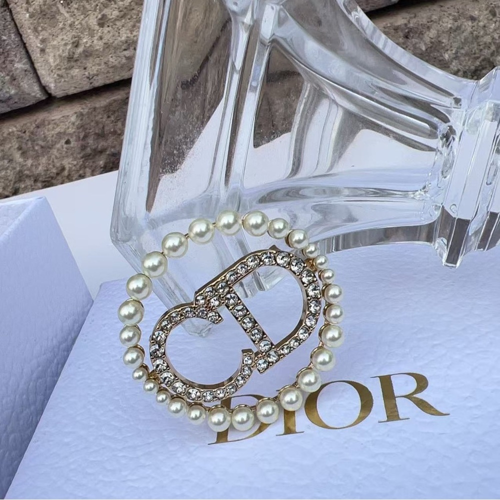 Dior Pearl and Crystal CD Logo Brooch Gold